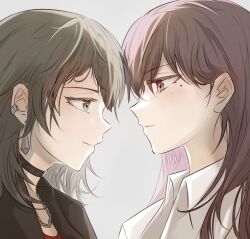  2girls bang_dream! bang_dream!_it's_mygo!!!!! black_choker black_hair black_jacket blue_eyes blush brown_hair chain chain_necklace chinese_commentary choker closed_mouth commentary_request earclip earrings eye_contact grey_background highres jacket jewelry long_hair looking_at_another medium_hair mole mole_under_eye multiple_girls necklace red_shirt shiina_taki shirt simple_background upper_body violet_eyes white_jacket yahata_umiri yuri zih_ii 