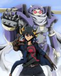  1boy belt black_hair blonde_hair blue_eyes duel_monster facial_tattoo fudou_yuusei gloves highres jacket junk_warrior multicolored_hair pants robot scarf tansan_otoko tattoo yuu-gi-ou yuu-gi-ou_5d&#039;s 