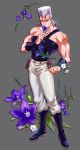  1boy anz blue_eyes boots earrings flower full_body glowing grey_hair jean_pierre_polnareff jewelry jojo_no_kimyou_na_bouken lily_(flower) male_focus muscle pouch smelling_flower solo wristband 