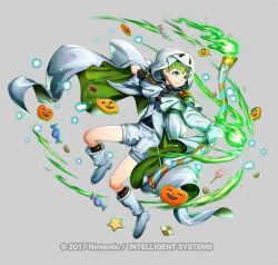  1boy bow_(weapon) copyright_notice fire_emblem fire_emblem_heroes full_body ghost_costume green_hair grey_background holding holding_bow_(weapon) holding_weapon male_focus mikurou_(nayuta) official_art pumpkin rolf_(fire_emblem) rolf_(halloween)_(fire_emblem) simple_background solo weapon white_footwear 