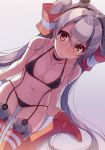  1girl amatsukaze_(kantai_collection) ass_visible_through_thighs bikini black_bikini blush brown_eyes choker collarbone from_above gradient gradient_background hair_ornament hairband hat kantai_collection long_hair mini_hat motyo1964 navel nose_blush red_legwear silver_hair simple_background sitting solo suspenders swimsuit thigh-highs twintails very_long_hair wariza 