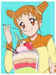  1girl aikatsu! arisugawa_otome brown_eyes brown_hair eating food fruit highres ice_cream long_sleeves makacoon parfait smile solo strawberry 