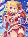  1girl :d arm_up ass_visible_through_thighs blonde_hair bow bow_panties breasts breath capelet christmas christmas_tree cleavage dengeki_moeou elbow_gloves fur_trim gift gloves highres looking_at_viewer navel night night_sky open_mouth panties pantyshot pantyshot_(standing) red_gloves red_legwear red_panties ribbon-trimmed_legwear ribbon_trim sack scan side-tie_panties skirt sky smile snowing solo standing strapless takei_ooki thigh-highs tubetop twintails two_side_up underwear violet_eyes 