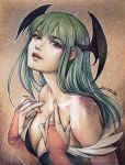  &gt;:d 1girl 2015 :d aqua_hair artist_name bangs bare_shoulders bridal_gauntlets green_eyes green_hair hands hands_on_own_chest head_wings jurithedreamer morrigan_aensland open_mouth smile solo traditional_media upper_body vampire_(game) 