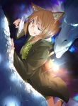 1girl ;p absurdres animal_ears blue_eyes brown_eyes brown_hair cat_ears dragon glasses glowing glowing_eyes highres lantern magnifying_glass one_eye_closed original scales short_hair smile tongue tongue_out 
