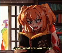  2girls apron bell bible_(object) blush book breasts fang flower green_kimono hair_bell hair_flower hair_ornament hakama hakama_skirt hieda_no_akyuu highres holding holding_book indoors japanese_clothes jingle_bell kimono lad_der long_skirt long_sleeves medium_breasts motoori_kosuzu multiple_girls nervous_sweating open_mouth orange_eyes orange_hair purple_hair reading red_hakama red_kimono skirt sliding_doors subtitled sweat tongue tongue_out touhou v-shaped_eyebrows violet_eyes white_kimono wide_sleeves yellow_apron yellow_kimono 