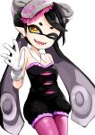  +_+ 1girl akira_ry0 aori_(splatoon) black_hair brown_eyes cowboy_shot detached_collar earrings fangs food food_on_head gloves jewelry long_hair mask mole mole_under_eye object_on_head one_eye_closed open_mouth pantyhose pointy_ears short_jumpsuit smile solo splatoon standing strapless tentacle_hair white_background white_gloves 