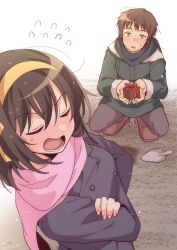  1boy 1girl black_coat black_scarf box breasts brown_eyes brown_footwear brown_hair brown_pants closed_eyes coat commentary_request crossed_arms gift gift_box green_coat hair_ribbon hairband highres holding holding_box holding_gift kyon long_sleeves lower_teeth_only medium_hair open_mouth pants pink_scarf ribbon scarf shoes short_hair simple_background squatting suzumiya_haruhi suzumiya_haruhi_no_yuuutsu taiki_(6240taiki) teeth white_background winter_clothes yellow_hairband yellow_ribbon 