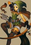  1girl animal arrow belt black_gloves boots bow_(weapon) braid brown_eyes cloak david_xu dragon&#039;s_crown elf elf_(dragon&#039;s_crown) gloves hood pointy_ears quiver short_hair shorts silver_hair simple_background small_breasts solo squirrel thigh-highs thigh_boots twin_braids weapon 