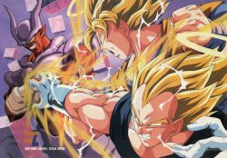  1990s_(style) 3boys absurdres aura blonde_hair blue_tank_top blue_wristband clenched_hand clenched_teeth colored_sclera colored_skin copyright_name crackling_energy crossed_arms cube demon_boy dougi dragon_ball dragon_ball_z english_text floating_hair gloves green_eyes grin halo highres horns imminent_fight imminent_punch janemba looking_at_another male_focus multiple_boys muscular muscular_male official_art open_mouth orange_dougi pointy_ears poster_(medium) profile red_skin retro_artstyle scan short_hair smile son_goku spiky_hair super_saiyan tank_top teeth third-party_source vegeta white_gloves widow's_peak yamamuro_tadayoshi yellow_halo yellow_sclera 