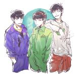  3boys black_hair brothers chain_necklace choromatsu cigarette clothes_around_waist hands_in_pockets jacket_around_waist jewelry jumpsuit karamatsu long_sleeves male_focus multiple_boys necklace osomatsu-kun osomatsu-san osomatsu_(osomatsu-kun) siblings simple_background smile v-neck white_background 