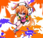  1girl bike_shorts blue_eyes cosplay dodging domino_mask headphones highres houjou_hibiki ink_tank inkling inkling_(cosplay) layered_clothing leg_up long_hair long_sleeves looking_at_viewer mask orange_hair paint_splatter precure ryuuta_(cure_ryuuta) shoes short_sleeves single_vertical_stripe sneakers solo splatoon standing suite_precure super_soaker t-shirt twintails wristband 