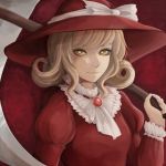  1girl bangs blonde_hair bow collar dress elly eyelashes gem hat hat_bow jewelry light_smile long_sleeves puffy_long_sleeves puffy_sleeves red_background red_dress red_hat scythe short_hair simple_background solo touhou upper_body yellow_eyes 