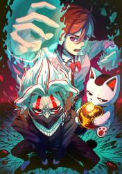  1boy 2girls ayase_momo ball barefoot black_pants brown_hair dandadan energy glasses gold_ball highres maneki-neko multiple_girls pants pink_sweater psychic red_eyes red_markings sweater takakura_ken_(dandadan) teeth turbo_granny white_body white_hair 