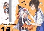  :3 :d =_= ^_^ akagi_(kantai_collection) alternate_costume blue_skirt brown_eyes brown_hair closed_eyes closed_mouth hakama_skirt halloween halloween_costume happy_halloween hat headband jack-o&#039;-lantern japanese_clothes kaga_(kantai_collection) kantai_collection long_hair open_mouth petting ponytail red_skirt sensen short_hair short_sleeves shoukaku_(kantai_collection) side_ponytail skirt smile white_hair white_legwear witch_hat 