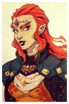  1girl black_lipstick crystal_graziano earrings forehead_jewel ganondorf genderswap highres jewelry lipstick long_hair makeup marker_(medium) orange_eyes orange_hair pointy_ears solo the_legend_of_zelda traditional_media upper_body 