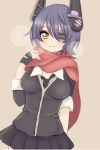  1girl blush breasts brown_background eyepatch gloves headgear highres kantai_collection large_breasts looking_at_viewer necktie partly_fingerless_gloves purple_hair red_scarf scarf school_uniform short_hair simple_background smile solo tenryuu_(kantai_collection) yellow_eyes 