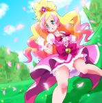  1girl aqua_eyes blonde_hair blush bow breasts choker cure_flora dutch_angle earrings eyebrows fighting_stance flower_earrings gloves go!_princess_precure gradient_hair haruno_haruka highres jewelry long_hair magical_girl multicolored_hair petals pink_bow pink_hair pink_skirt precure ryuuta_(cure_ryuuta) serious skirt solo streaked_hair thick_eyebrows two-tone_hair white_gloves 