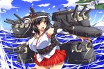  &gt;:o 1girl :o armpits black_hair breasts detached_sleeves headband kantai_collection kuon_(nokokopopo) large_breasts long_hair machinery nontraditional_miko ocean open_mouth pleated_skirt red_eyes seaplane skirt solo turret yamashiro_(kantai_collection) 