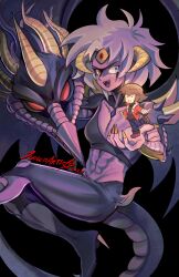  blue_eyes blue_hair brown_hair chibi claws demon_girl demon_horns demon_wings dragon_girl dragon_tail duel_academy_uniform_(yu-gi-oh!_gx) duel_monster fangs heterochromia highres horns jacket judgedarts monster_girl multicolored_hair orange_eyes red_jacket signature tail white_hair wings yellow_eyes yu-gi-oh! yu-gi-oh!_gx yubel yubel_-_the_loving_defender_forever yuki_judai 