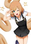  1girl ;d absurdres aqua_eyes blonde_hair blue_legwear contrapposto doughnut folded_leg food hand_on_own_face highres looking_at_viewer miyamori_aoi norman_maggot one_eye_closed open_mouth overall_skirt shirobako shoes short_hair short_sleeves smile sneakers socks solo star v white_background 