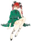  1girl animal_ears belt braid cat_ears dress extra_ears fangs full_body green_dress hair_ornament hair_ribbon head_tilt itak69 kaenbyou_rin leg_ribbon long_hair long_sleeves looking_at_viewer open_mouth red_eyes redhead ribbon shoes simple_background sitting solo touhou twin_braids white_background wide_sleeves 