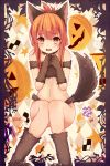  animal_ears bare_shoulders blush boots brown_eyes brown_hair fake_animal_ears folded_ponytail fox_ears fox_tail fur_boots fur_gloves halloween highres inazuma_(kantai_collection) kantai_collection long_hair open_mouth qunqing sitting tail 