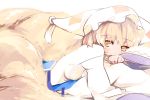  1girl blonde_hair dress fox_tail hat japa long_sleeves looking_at_viewer lying multiple_tails on_stomach pillow pillow_hat smile solo tail touhou white_dress yakumo_ran yellow_eyes 