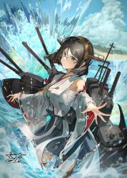  1girl bare_shoulders black_hair black_skirt breasts clouds commentary_request day detached_sleeves frilled_skirt frills glasses green-framed_eyewear headgear highres japanese_clothes kantai_collection kasumi_yuzuha kirishima_(kancolle) large_breasts looking_at_viewer nontraditional_miko outdoors ribbon-trimmed_sleeves ribbon_trim rigging second-party_source short_hair skirt sky solo turret water wide_sleeves 