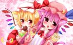 2girls :&gt; animal_ears cat_ears cat_tail cherry_blossoms chestnut_mouth chocolate_ice_cream crepe crescent_hair_ornament dutch_angle flandre_scarlet floral_background food food_on_face green_ice_cream hair_ornament hair_ribbon hat hat_ribbon ice_cream ice_cream_cone izumi_yuuji_(trace_kouhosei) kemonomimi_mode looking_at_viewer mob_cap multiple_girls patchouli_knowledge puffy_short_sleeves puffy_sleeves red_eyes ribbon robe short_sleeves sidelocks skirt skirt_set tail touhou tress_ribbon vanilla_ice_cream violet_eyes wings 