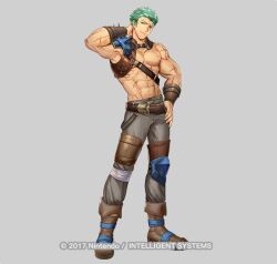  1boy arm_behind_head armor brown_footwear copyright_notice dieck_(fire_emblem) fire_emblem fire_emblem:_the_binding_blade fire_emblem_heroes green_eyes green_hair grey_background grey_pants looking_at_viewer male_focus mikurou_(nayuta) muscular muscular_male official_art pants pauldrons shoulder_armor simple_background single_pauldron smile solo spiked_pauldrons topless_male 