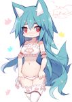  1girl @_@ animal_ears arm_garter blue_hair cat_cutout cat_ear_panties cat_lingerie cleavage_cutout fox_ears fox_tail highres long_hair mamuru original panties red_eyes side-tie_panties solo tail underwear underwear_only 