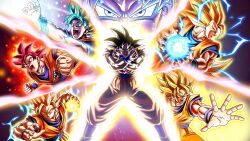  1boy alternate_form artist_request aura black_eyes black_hair blonde_hair blue_eyes blue_hair blue_wristband clenched_hands crackling_energy crossed_arms dougi dragon_ball dragon_ball_super dragon_ball_xenoverse dragon_ball_z energy_ball floating_hair green_eyes grey_eyes highres kamehameha_(dragon_ball) loading_screen long_hair looking_at_viewer looking_to_the_side male_focus multiple_persona muscular muscular_male official_art official_wallpaper open_mouth orange_dougi profile red_eyes redhead short_hair single_bang son_goku spiky_hair super_saiyan super_saiyan_1 super_saiyan_2 super_saiyan_3 super_saiyan_blue super_saiyan_god third-party_source transformation ultra_instinct 
