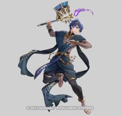  1boy blue_eyes blue_hair copyright_name fire_emblem fire_emblem:_new_mystery_of_the_emblem fire_emblem_heroes full_body grey_background holding holding_mace holding_weapon kris_(fire_emblem) kris_(male)_(fire_emblem) mace male_focus mikurou_(nayuta) official_art sandals short_hair simple_background solo weapon 
