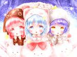  3girls angora_rabbit animal_hood blue_background blue_eyes blue_hair bunny_hood chibi clenched_hands floral_background gochuumon_wa_usagi_desu_ka? highres hood jouga_maya kafuu_chino kashiwamochi_roko long_sleeves looking_at_viewer multiple_girls natsu_megumi open_mouth pink_eyes pink_hair rabbit sparkling_eyes star yellow_eyes 