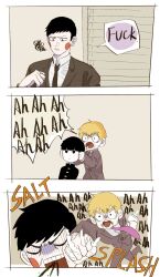  black_eyes black_vinegar_middle_school_uniform bowl_cut ekubo_(mob_psycho_100) grey_suit highres kageyama_shigeo male_focus mob_psycho_100 multiple_boys necktie pink_necktie psychic reigen_arataka salt_middle_school_uniform school_uniform suit 