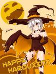  1girl animal_ears bat bat_print blush breasts brown_dress brown_gloves cape choker cleavage dress elbow_gloves engrish full_moon gloves grey_hair grin halloween halloween_costume happy_halloween hat highres hips hitotsubashi_inari inubashiri_momiji jack-o&#039;-lantern moon orange_panties outline panties ranguage red_eyes short_dress short_hair smile solo standing teeth touhou typo underwear witch_hat wolf_ears 