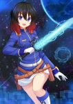  1girl :d belt black_hair blush boots electric_sword electricity fang galaxy gloves hair_between_eyes highres holding_sword holding_weapon jacket kazenokaze knee_boots looking_at_viewer multicolored_hair open_mouth original planet purple_jacket redhead shirt side_slit smile solo sparkle star sword two-tone_hair uniform violet_eyes weapon white_gloves white_shirt zipper 