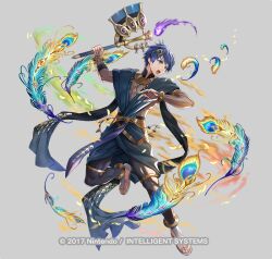  1boy blue_eyes blue_hair copyright_name feathers fire_emblem fire_emblem:_new_mystery_of_the_emblem fire_emblem_heroes full_body grey_background holding holding_mace holding_weapon kris_(fire_emblem) kris_(male)_(fire_emblem) mace male_focus mikurou_(nayuta) official_art open_mouth sandals short_hair simple_background solo weapon 