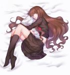  1girl brown_eyes brown_hair fate/extra fate_(series) kishinami_hakuno_(female) long_hair lying mitsuki_hana pillow pillow_hug school_uniform serafuku socks solo 