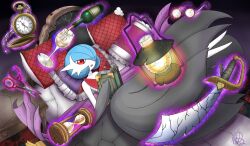  alternate_color bed black_dress black_gloves blue_hair bob_cut book bottle colored_skin cup dress drinking_glass elbow_gloves gardevoir glasses gloves highres holding holding_book hourglass lamp looking_at_viewer lying mega_gardevoir mega_pokemon on_back on_bed parted_lips pillow pocket_watch pokemon pokemon_(creature) psychic red_eyes scissors shabana_may shiny_pokemon signature strapless strapless_dress sword watch weapon white_skin wine_bottle wine_glass 