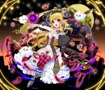  1girl :d blonde_hair breasts candy cleavage cookie corset detached_sleeve earrings food horns jewelry lilith_(p&amp;d) long_hair midriff myutsusama navel open_mouth pointy_ears puzzle_&amp;_dragons red_eyes single_earring single_sleeve skull_earrings smile solo staff thigh-highs wings zettai_ryouiki 