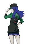  baseball_cap blue_eyes blue_hair character_request hand_on_hip hat highres jacket long_hair looking_at_viewer looking_back makacoon profile simple_background skirt smile white_background 