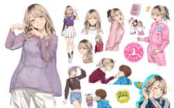  1boy 2girls absurdres amane_sachika bare_shoulders blonde_hair brown_eyes commentary_request earrings gochizo gyaru hair_tie hat heart heart_hands highres inoue_shouma jewelry kamen_rider kamen_rider_gavv kamen_rider_gavv_(series) multiple_girls navel popping_gummy tokusatsu v yakimi_27 zakuzaku_chips 