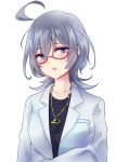  1girl ahoge blazer blue_eyes collarbone ensemble_girls! glasses grey_eyes grey_hair jewelry kannazuki_hotori looking_at_viewer necklace open_mouth pendant red-framed_glasses shirt solo upper_body uranaishi_(miraura) 