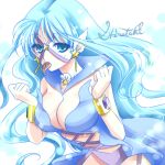  1girl artist_name bishoujo_senshi_sailor_moon blue_eyes blue_hair breasts cleavage cross-laced_clothes earrings food_in_mouth jewelry large_breasts long_hair lowres sailor_aluminum_seiren sailor_collar shell shirataki_kaiseki signature solo star star_earrings tentacles wrist_cuffs 