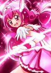  1girl :d absurdres antenna_hair blush bow choker cure_happy head_wings highres hoshizora_miyuki long_hair magical_girl open_mouth pink pink_background pink_bow pink_eyes pink_hair pink_skirt precure sharumon skirt smile smile_precure! solo sparkle tiara twintails wrist_cuffs 
