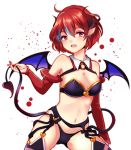  1girl bare_shoulders bikini breasts cleavage demon_girl demon_horns demon_tail demon_wings detached_sleeves earrings ensemble_girls! garter_belt horns jewelry komatsu_botan large_breasts looking_at_viewer navel open_mouth purple_bikini redhead short_hair solo swimsuit tail thigh-highs uranaishi_(miraura) violet_eyes wings 