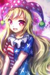  1girl absurdres american_flag_shirt blonde_hair blush clownpiece gradient gradient_background hat highres hinasumire jester_cap lavender_background long_hair looking_at_viewer open_mouth pink_eyes purple_background small_breasts smile solo touhou upper_body very_long_hair violet_eyes 