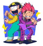  2boys back-to-back black_hair brothers chiyo_(shuten_dj) cosplay fang heart heart_in_mouth hide_(singer) hide_(singer)_(cosplay) ichimatsu instrument jyushimatsu male_focus multiple_boys osomatsu-kun osomatsu-san overalls redhead siblings smile spiky_hair tongue tongue_out triangle_(instrument) wall-eyed x-japan 